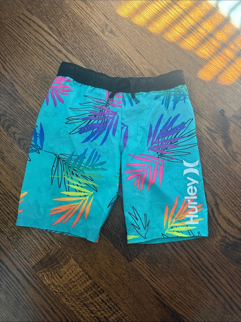 Hurley Teal Swim Trunks with Multicolor Leaf Print